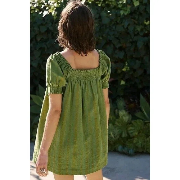 Free People Est Mila Mini Dress Smocked Puff Sleeve Shift Grasshopper L 285433 - Picture 4 of 8